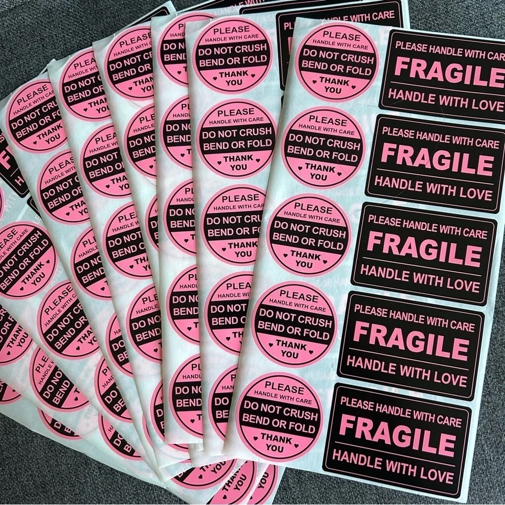 Count of 100 - Fun, Neon Pink + Black Rectangular + Circular FRAGILE Stickers